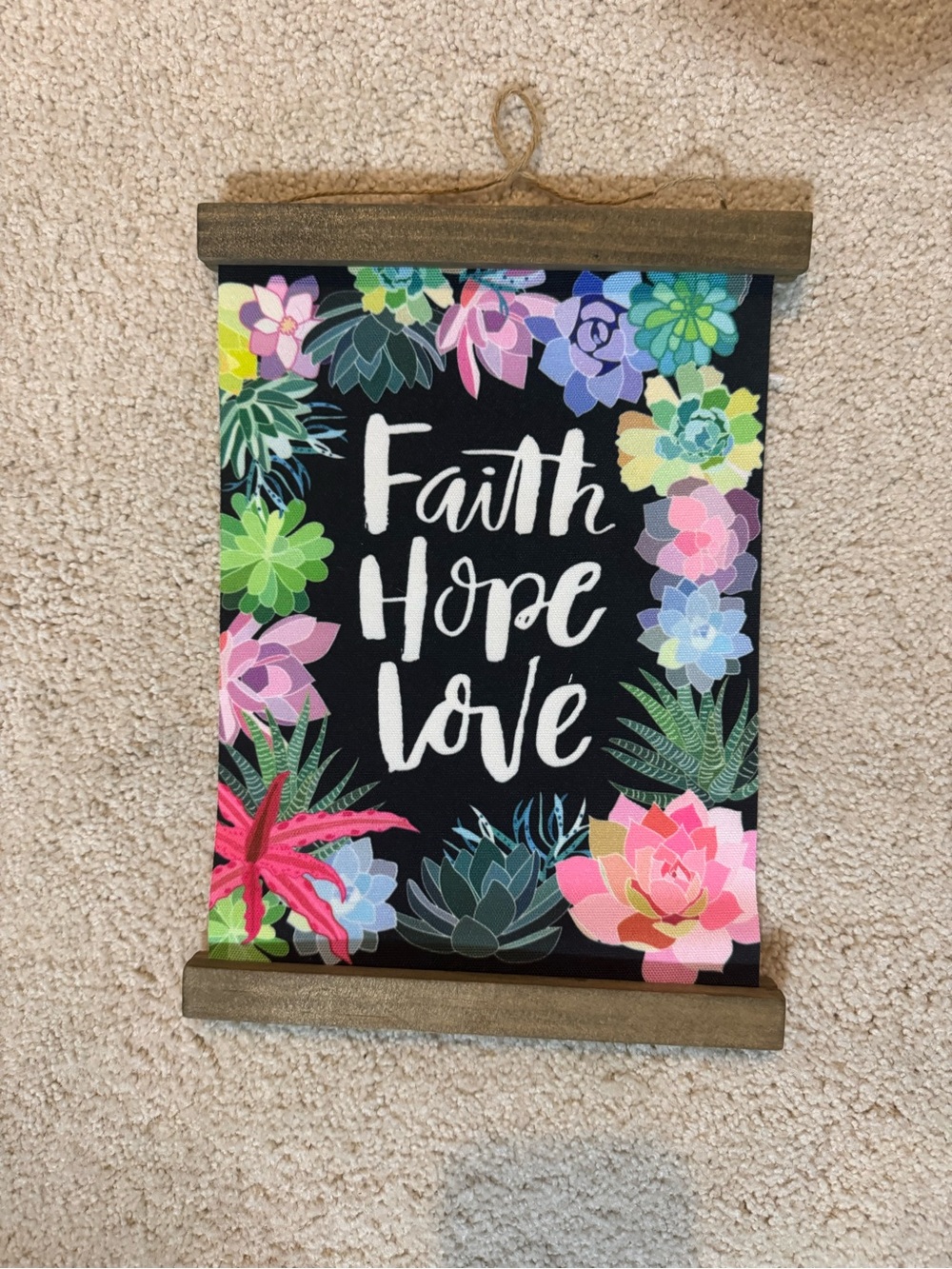 Faith Hope Love Floral Wall Hanging - Black with Multicolor Succulents